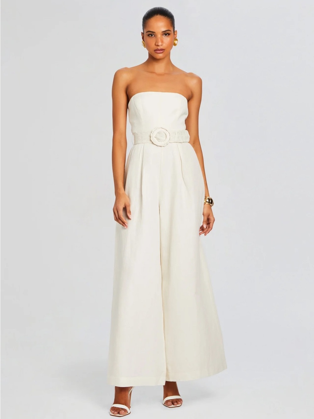 HEMANT & NANDITA Cream Strapless Wide-Leg Jumpsuit with Buckled Belt